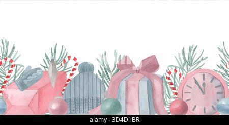 Nahtlose Neujahrsgrenze mit Wasserfarben mit Zuckerbonbons, Tannenzweigen, Geschenken, Uhr, Hut und Weihnachtskugeln. Für Einladungen, Karten, p Stockfoto