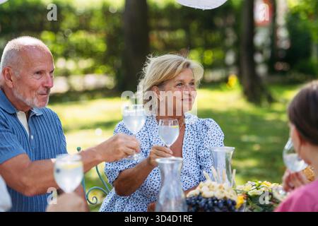 Generationenübergreifende Familientoasten während einer Grillparty im Freien. Stockfoto