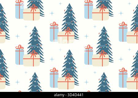 Nahtloses Vektormuster mit einem Weihnachtsbaum mit Lichtern, Geschenken und Schneeflocken. Niedlicher Urlaubshintergrund. Neujahrsfeier. Muster für Stoff, Kleidung und Geschenkpapier. Stock Vektor