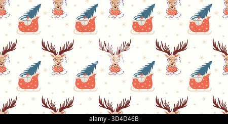 Nahtloses Weihnachtsmuster mit Rentiergeweih, Girlanden, Schlitten, Weihnachtsbaum und Geschenken. Niedliche Weihnachtsmotive für weihnachtliche Textilien, Banner, Verpackungen, Tapeten. Stock Vektor