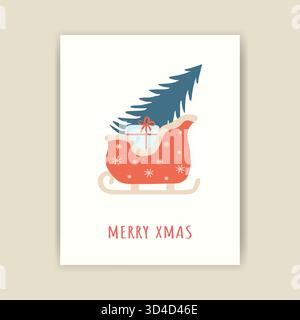 Weihnachtskarte mit einem Weihnachtsbaum im Winterschlitten und Geschenken. Minimalistisches Vektordesign. Fertige Vorlage für ein festliches Poster, einen Druck oder eine Einladung. Stock Vektor