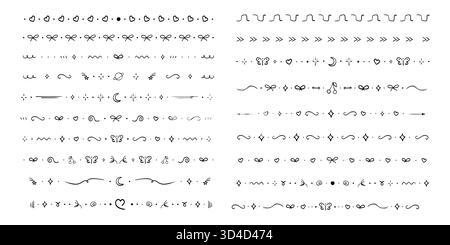 Trennlinie, süße Borte Kollektion, handgezeichnetes Element Trennzeichen. Setzen Sie geometrische Kritzelrahmen mit Bögen, Herzen, Mond. Sterne und geometrische Formen. Horizontale Spitzendekoration. Vektorabbildung Stock Vektor