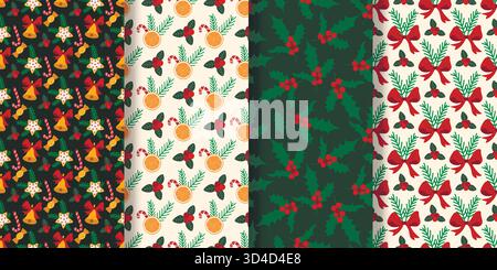 Winter Weihnachten Set mit nahtlosen Mustern. Gemütliche, stimmungsvolle, festliche, saisonale Hintergründe. Drucke für Textilien, Verpackungen, Papier, Stoff, Design Stock Vektor