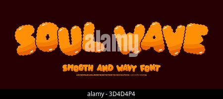 Eine glatte und gewellte groovige Schriftart. Orangefarbene Hippie-Buchstaben und Zahlen mit Schatten und Lichtern. Stock Vektor