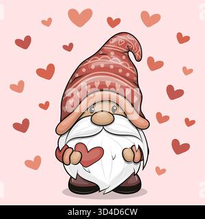 Niedlicher Zeichentrickfilm Gnome mit Herzen. Vektor-Illustration eines Zwergmannes auf rosa Hintergrund mit roten Herzen. Stock Vektor
