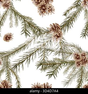Grüne Fichtenzweige mit Fichtenzapfen im nahtlosen Muster im realistischen Stil als Symbol für Neujahr, Weihnachten, Feiertage mit Tannenzweig Stockfoto