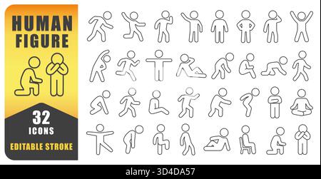 Menschliche Figur Linie Symbol Vektorsatz. Eine Sammlung von 32 bearbeitbaren Kontursymbolen für dünne Linien, die menschliche Posen und Aktivitäten darstellen. Perfekt Für Fitness Stock Vektor