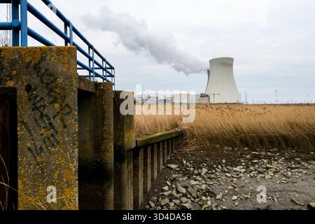 Kernkraftwerk in der Nähe von Doel, belgisches Kernkraftwerk Doel, in der Nähe der fast verlassenen Geisterstadt & -Dorf. Das Kraftwerk befindet sich im Besitz von Electrabel und enthält vier Kernreaktoren, die 1975, 1982 und 1985 gebaut wurden. Es befindet sich am Ufer des Flusses Schelde, der den Hafen von Antwerpen erreicht und nur drei Kilometer von der niederländischen Grenze entfernt ist. Doel, Belgien. Doel Scheldemolenstraat Provincie Antwerpen Belgie Copyright: XGuidoxKoppesxPhotox Stockfoto
