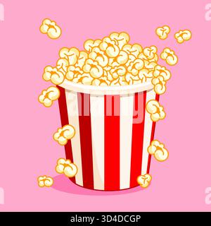 Köstliche Film Popcorn in einem roten und weißen Eimer Vektor Illustration Cartoon Design Stock Vektor