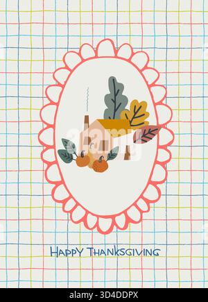 An Thanksgiving Day handbeschriftete Grußworte mit Landhaus, Kürbissen und Blättern in einem Rahmen im modernen Folk-Stil Stock Vektor