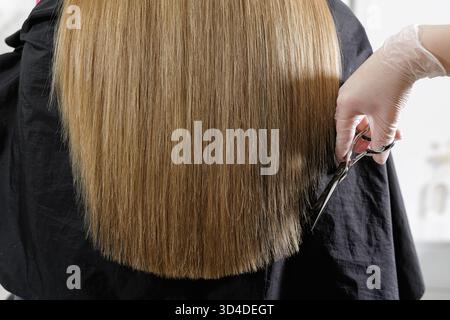 Close-up-Stylist schneidet langes, glattes Haar mit einer Schere in einem Salon zu einer stumpfen Linie und zeigt präzises Schneiden und professionelle Pflege. Stockfoto
