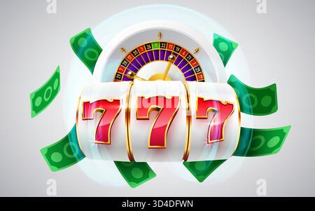 Glücklicher 777 Spielautomaten-Jackpot mit Roulette und fliegenden Bargeld. Ein lebendiges Casino-Spielkonzept, das Erfolg und Vermögen veranschaulicht. Vektorabbildung Stock Vektor