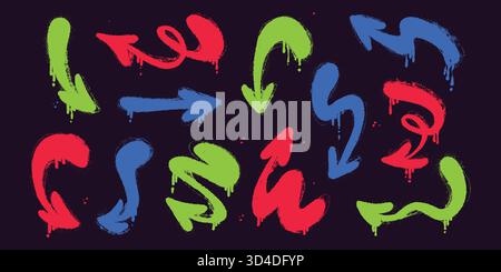 Bunte Grunge-Pfeile. Handgezeichneter Satz von Pfeilsymbolen. Freihändig gekrümmte Linien und Zeiger. Gegrillte Pfeile für Infografiken. Freihandskizzen Stock Vektor