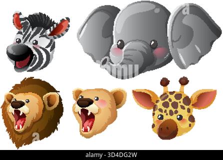 Vektor-Illustration von Zebras, Elefanten, Löwen, Bären und Giraffen Köpfen im Zeichentrickstil Stock Vektor