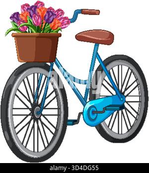 Vektorblaues Fahrrad mit braunem Korb, der leuchtende Tulpen hält, klare Linien, weißer Hintergrund Stock Vektor