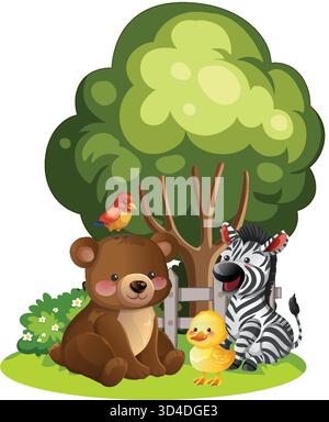 Cartoon-Bär, Zebra, Entlein und Vögel sitzen zusammen unter Baum im hellen Vektorstil Stock Vektor