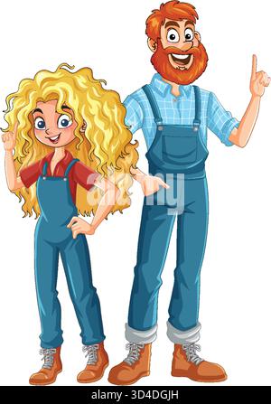 Fröhliche Cartoon-Frau und Farmer in blauen Overalls, zusammen auf weißem Hintergrund. Stock Vektor