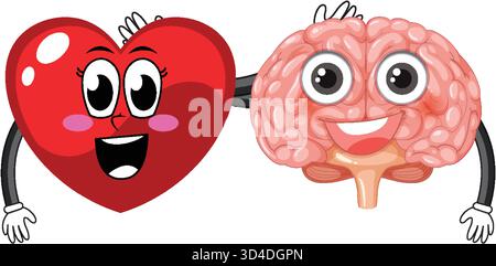 Vektor-Illustration glücklicher Herz- und Gehirnfiguren mit ausdrucksstarken Gesichtern, hellen Farben, einfachem Stil Stock Vektor