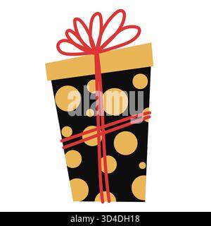 Festliches Geschenk zu Weihnachten oder Geburtstag. Orange und Schwarz vorhanden. Niedliche Geschenkbox im flachen Stil. Gemütliche Illustration für Karten, Poster, Verpackung, Scrapbooki Stock Vektor