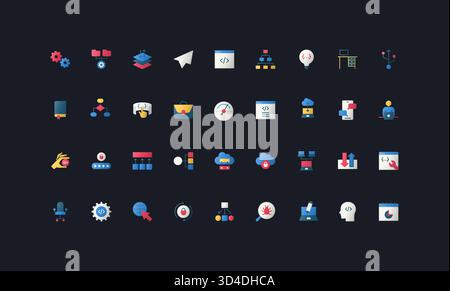 Symbole im flachen Farbverlauf mit Codierung, Programmierung, Entwicklung, Cloud-Computing, Datenanalyse, Workflow- und Benutzeroberflächenelemente auf dunkler UI-Hintergrundvektorgrafik. Stock Vektor