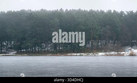 Eine ruhige Winterszene mit dichtem, nebelbehülltem Kiefernwald, einer dünnen Schneeschicht und einem gefrorenen See im Vordergrund. Stockfoto