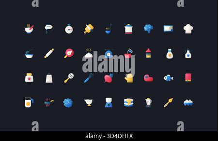 Verlaufsflacher Stil Symbole mit Küchenutensilien, Kochgeschirr, Lebensmittelzutaten und Backwerkzeugen auf dunkler UI Hintergrund Vektor Illustration für kulinarische, Rezept und Gastronomie Themen. Stock Vektor