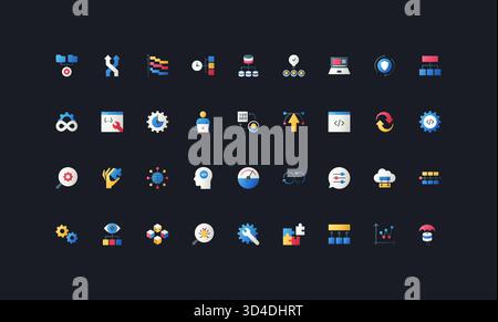 Symbole im flachen Farbverlauf mit DevOps, Automatisierung, Cloud-Computing, Codierung, Workflow, Überwachungs-, Sicherheits- und Integrationskonzepte auf der dunklen Hintergrundvektorgrafik der Benutzeroberfläche. Stock Vektor