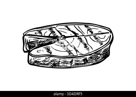 Monochrome Pan Braten Lachs Fisch Steak Vektor Illustration in minimalistischem schwarz-weiß Stil. Handgezeichnetes grafisches Element mit gegrillter Meeresfrüchtescheibe Stock Vektor