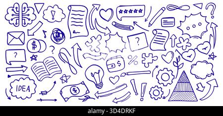 Hand gezeichnete Blue Doodle Ideen Denken und Wissen und Business Icon Collection.Vektor Illustration Stock Vektor
