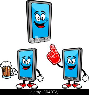 Smartphone Maskottchen Set 04, handgezeichnete Illustrationen von Smartphone Maskottchen in verschiedenen Posen. Stock Vektor