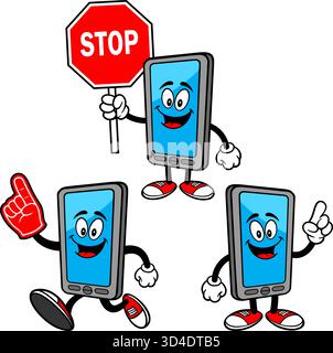 Smartphone Maskottchen Set 03, handgezeichnete Illustrationen von Smartphone Maskottchen in verschiedenen Posen. Stock Vektor