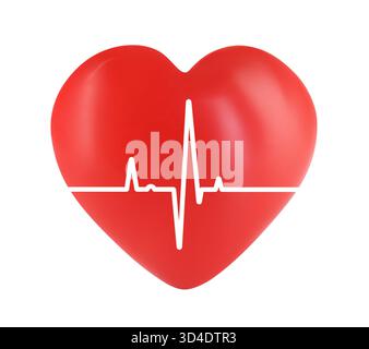 Kardiologie, Gesundheitsdienst. Rotes Herz mit Pulslinie auf weißem Hintergrund Stockfoto
