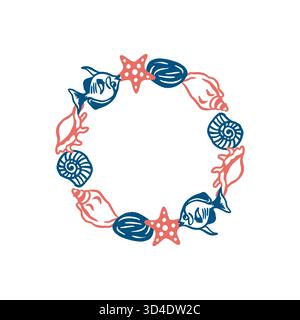 Seekranz aus Muscheln, Seesternen, Fischen und Steinen. Einfache handgezeichnete Strichgrafik-Illustration. Vektor-Clip-Art für Postkarten, Etiketten und Geschirr. Stock Vektor