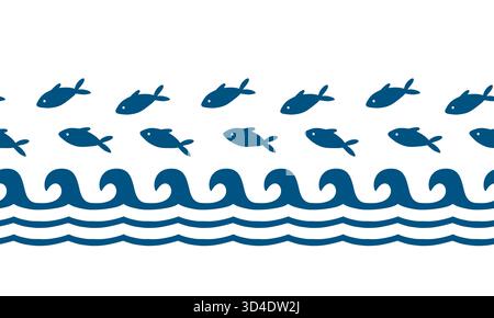 Blauer Fisch und nahtloser Wellenrand. Einfache handgezeichnete Strichgrafik-Illustration. Vektor-Clip-Art zum Einpacken von Papier, Stoff und Festival-Bannern. Perfekt Stock Vektor