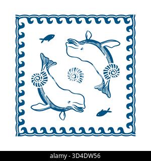Beluga-Delfine schwimmen mit Fischen und Muscheln in einem Wellenrahmen. Hand gezeichnete blaue Linie Kunst Vektor Illustration für Fliesen, Banner und Karten für Ozean Stock Vektor
