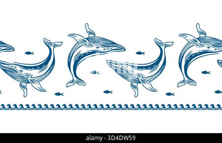 Blauwale nahtlose Grenze. Handgezeichnete Strichgrafik-Illustration von Fischen und Wellen. Vektor-Clip-Art zum Einpacken von Papier, Stoff und Festival-Bannern Stock Vektor