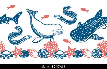 Meerestiere nahtlose Grenze. Handgezeichnete Strichgrafik-Illustration von Delfinen, Aalen, Tigerhaien und Fischen. Vektorgrafik zum Einpacken von Papier, Stoff und Stock Vektor