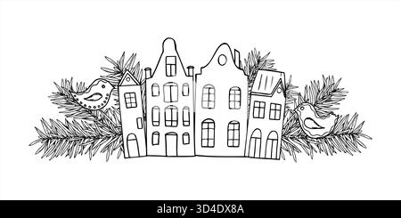 Europäische Häuser zwischen Fichtenzweigen und abstrakten Vogelvektoren isolierte Illustration im Ferienwinterstil. Stadtsilhouetten und Pinienimmergrün Stock Vektor