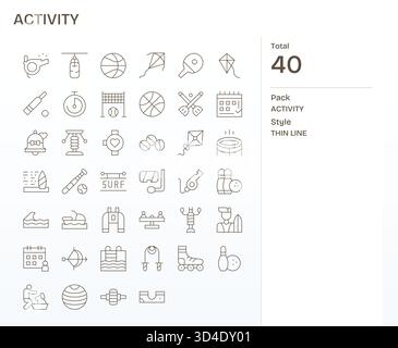 Diese Kollektion enthält 40 dünne Symbole, die speziell auf das Thema „Aktivität“ zugeschnitten sind und sich hervorragend für digitales Design eignen. Stock Vektor