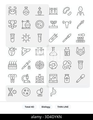 Mit 40 Thin Line Symbolen, die speziell für Biologie entwickelt wurden und einfach zu exportieren sind, liefern Sie pixelkonsistente Grafiken. Stock Vektor