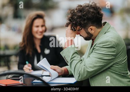 Zwangloses Business Meeting im Freien, bei dem zwei Kollegen Dokumente prüfen und einen Moment der Zusammenarbeit teilen Stockfoto
