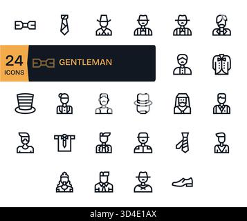 Kuratiertes Paket mit 24 Vektorsymbolen im Bold Line-Design, das sich um Gentleman-Konzepte dreht. Stock Vektor