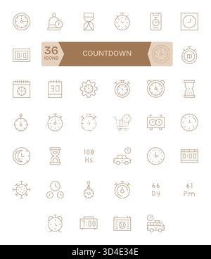 Ein vielseitiges Icon-Toolkit mit 40 Thin Line-Elementen, die auf dem Countdown-Programm stehen und wiederverwendet werden können. Stock Vektor