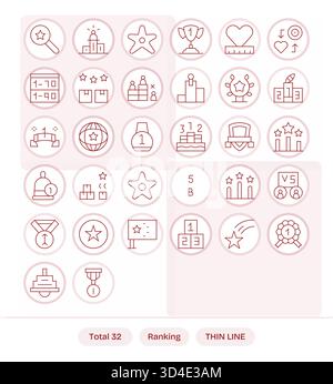 Diese Kollektion enthält 32 Thin Line-Symbole, die speziell auf das Ranking abgestimmt sind und sich hervorragend für digitales Design eignen. Stock Vektor