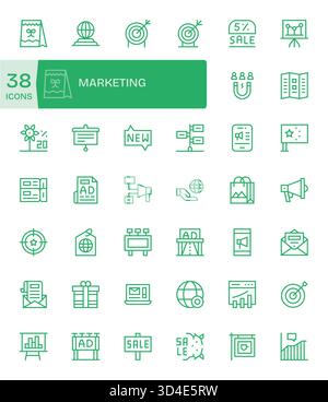 Ein pixelgenauer Satz von 42 Symbolen für reguläre Linien, die auf dem Marketing basieren und sich ideal für UI-Muster eignen. Stock Vektor