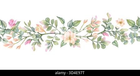 Zarte Blumenblätter, nahtloser Rand. Beige Freesie, Pistazienblatt, Eukalyptus und rosa Rosenknospen. Handgezeichnete Aquarellillustration in rustikaler Sprache Stockfoto