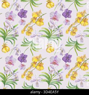 Aquarellillustration einer violetten Orchideenblume mit grünen Blättern, handgemalt in realistischem botanischem Stil. Perfekt für Blumendrucke, Verpackungen, Stockfoto