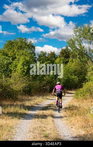 Rückansicht eines Mountainbikers auf einer Schotterstraße, umgeben von grünen Bäumen und einem bewölkten Himmel Stockfoto