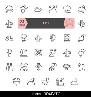 Eine umfassende Ressource mit 35 Symbolen für reguläre Linien für Sky, ideal für skalierbare Systeme. Stock Vektor