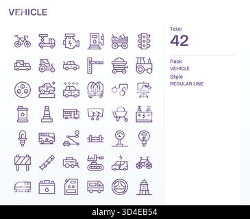 Erstellen Sie vertrauenswürdige Benutzeroberflächen mit 42 Symbolen für reguläre Linien, die an das Fahrzeug gebunden sind, und befolgen Sie dabei Best Practices. Stock Vektor